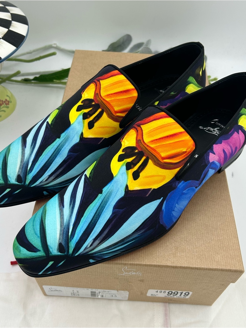 Men's Christian Louboutin floral print satin loafers size 43 made in Italy - Picture 9 of 11